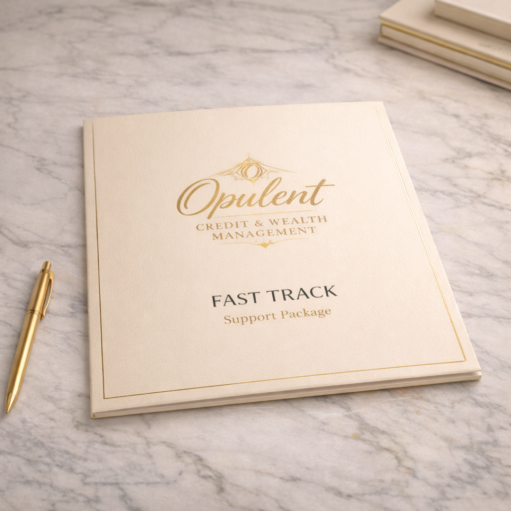 Opulent Credit & Wealth Management Fast Track Support Package on a marble surface with a gold pen.