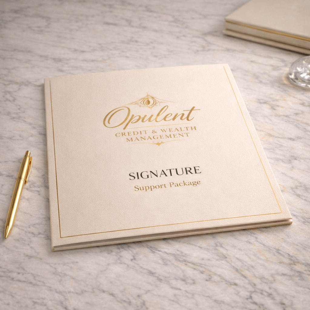 Opulent Credit & Wealth Management signature support package on a marble surface with a gold pen.