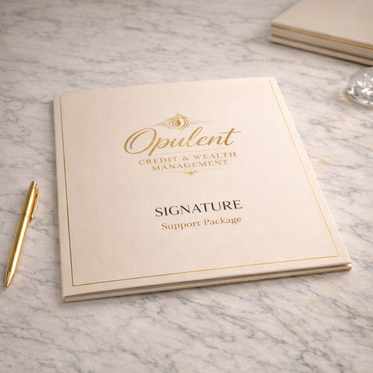 Opulent Credit & Wealth Management signature support package on a marble surface with a gold pen.